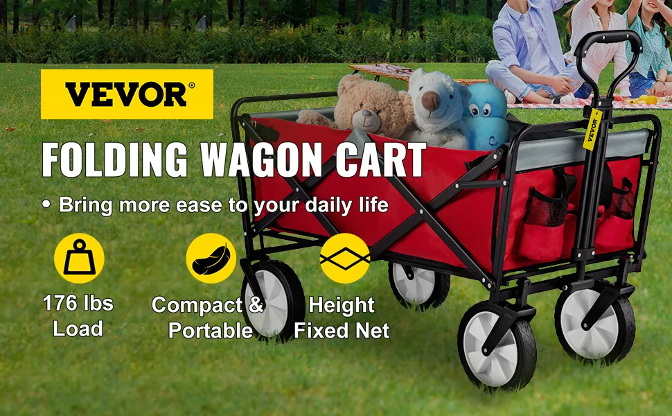 VEVOR collapsible wagon carrying stuffed animals with family resting on grass in the background.