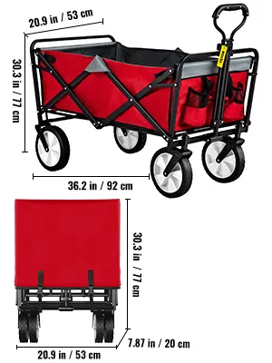 VEVOR collapsible wagon with black frame, red fabric, and large wheels, showcasing dimensions.