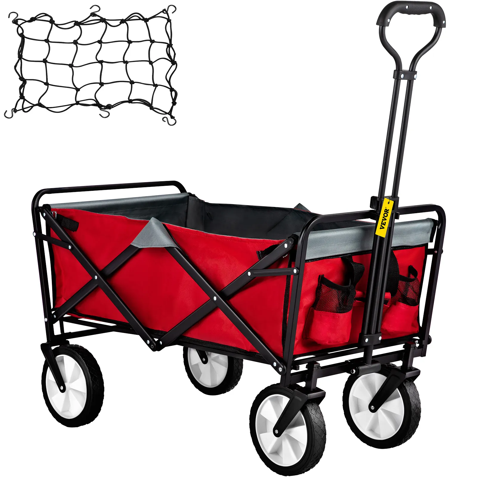 red VEVOR collapsible wagon with large wheels and mesh storage net, ideal for easy transport and storage.