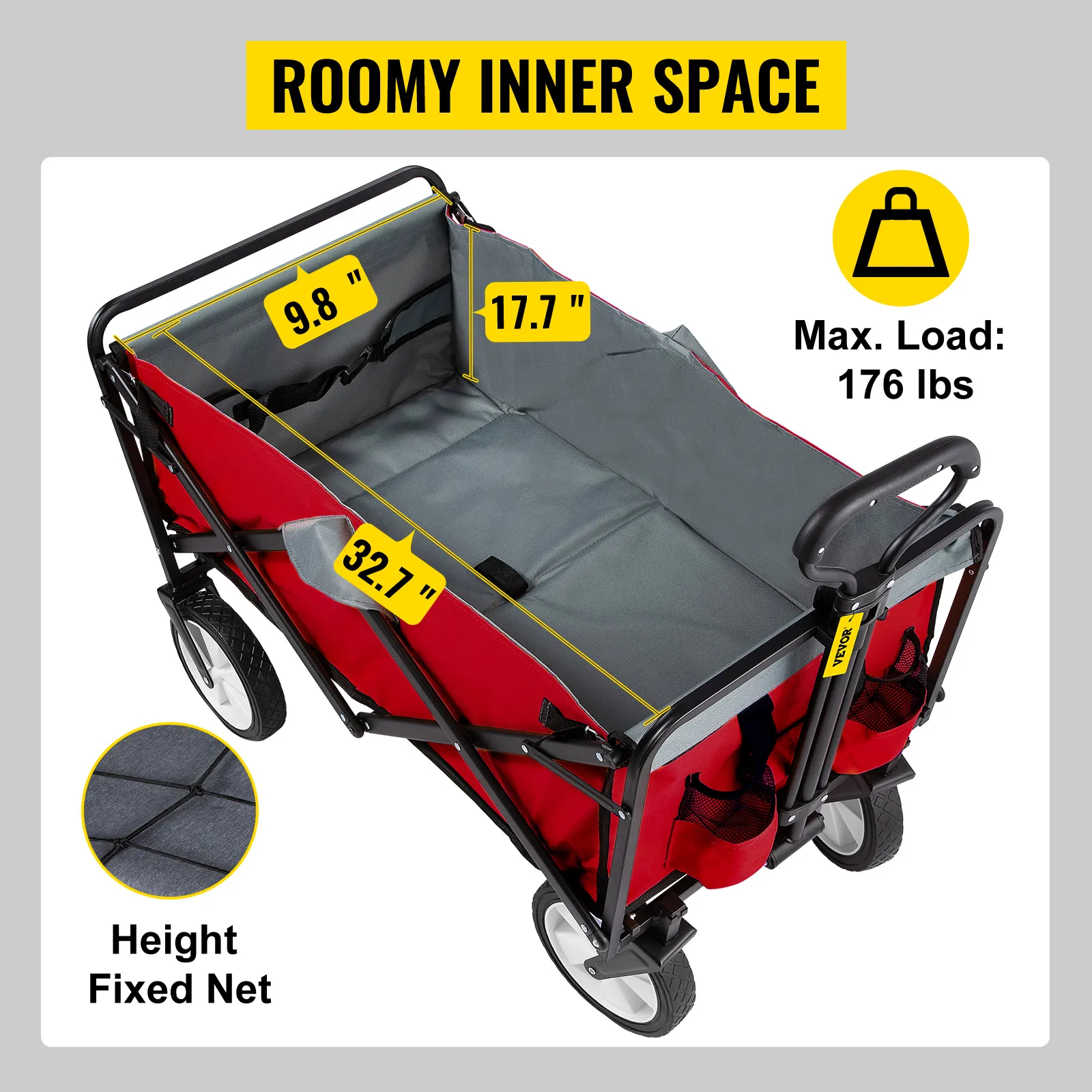 VEVOR collapsible wagon with roomy inner space, max load 176 lbs, measurements: 9.8", 17.7", 32.7".