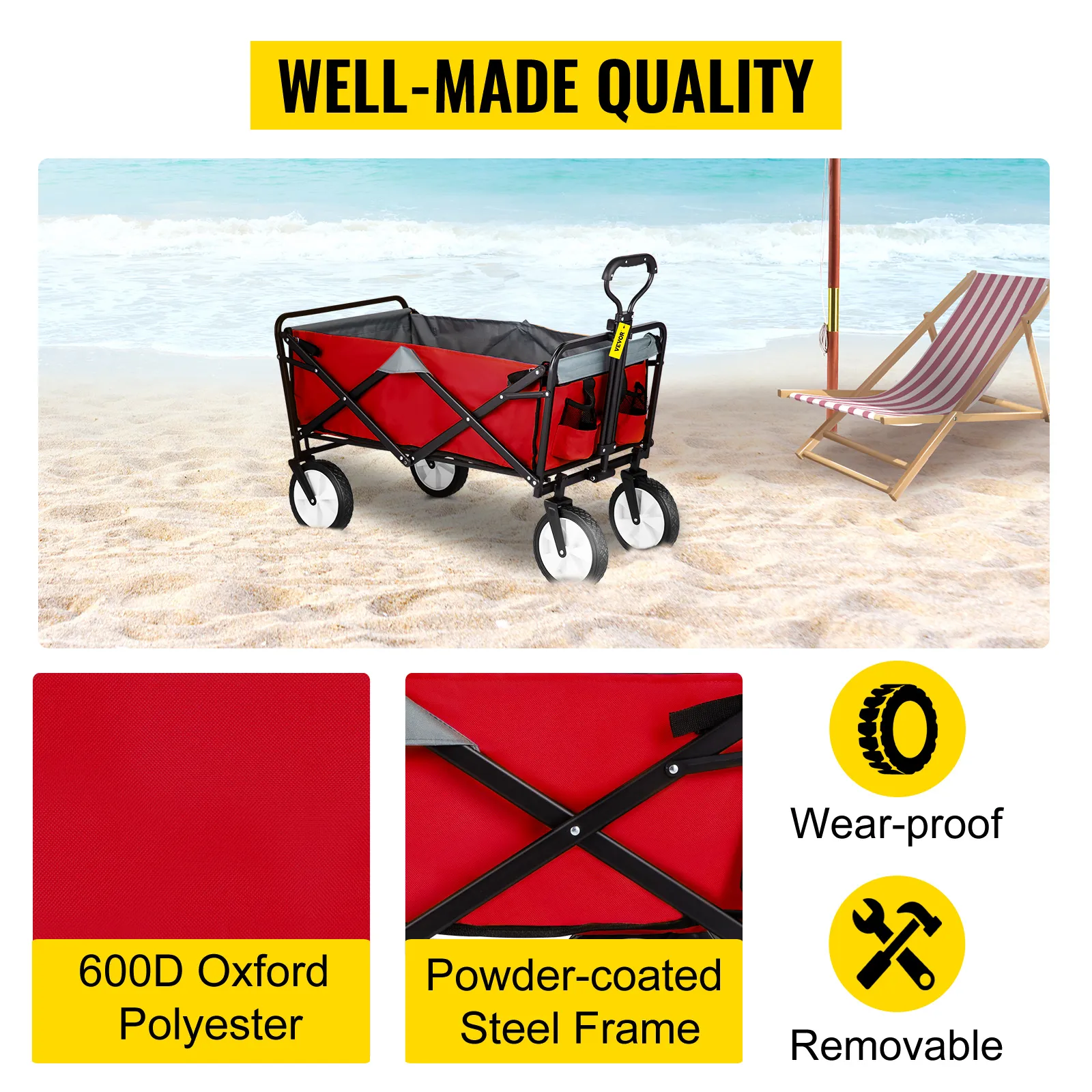 VEVOR collapsible wagon on beach with steel frame, red 600d polyester fabric, wear-proof wheels.
