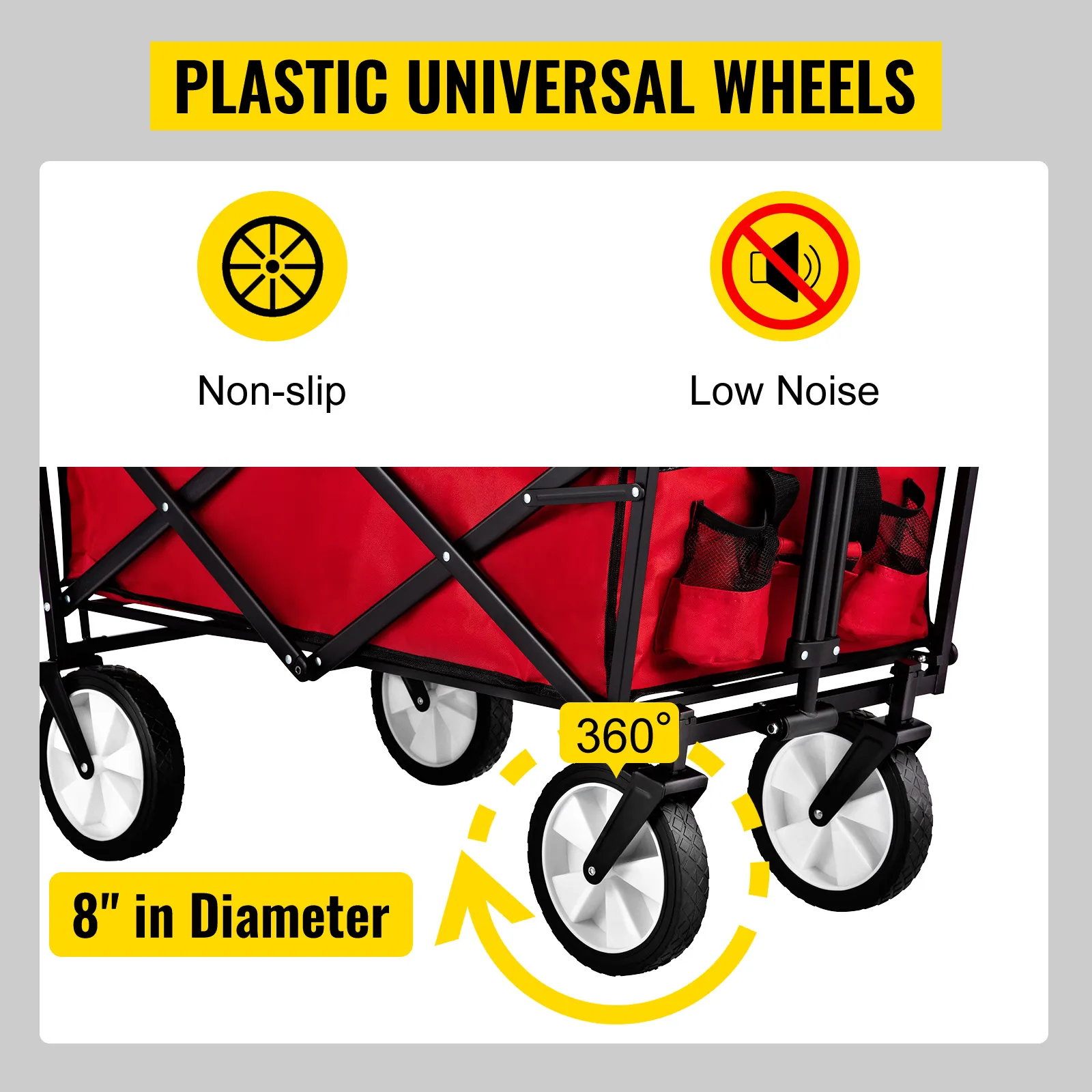 VEVOR collapsible wagon with non-slip, low noise, 8" diameter plastic universal wheels, 360° rotation.
