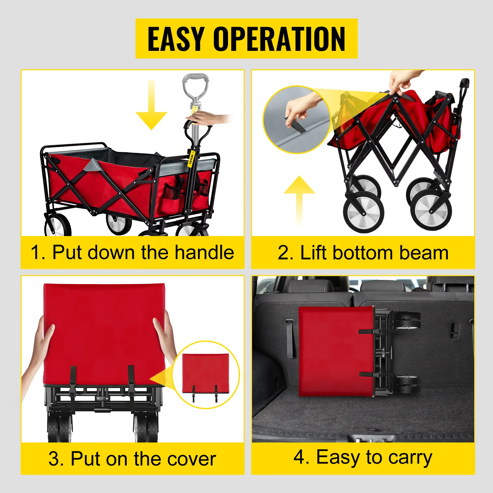 VEVOR collapsible wagon: easy to operate by lowering the handle, lifting the bottom beam, covering, and carrying.