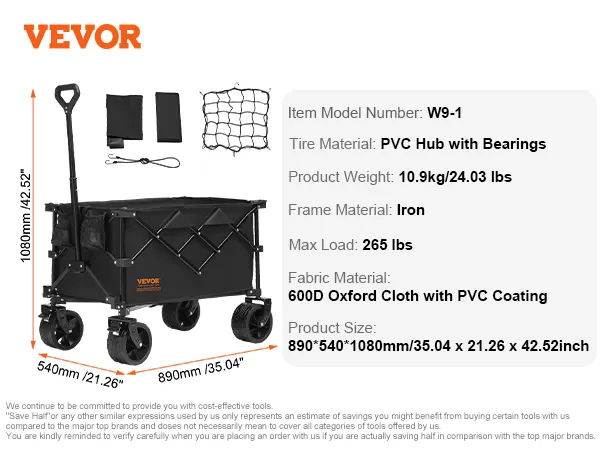 VEVOR folding wagon with iron frame, pvc hub wheels, 600d oxford cloth, and 265 lbs max load capacity.