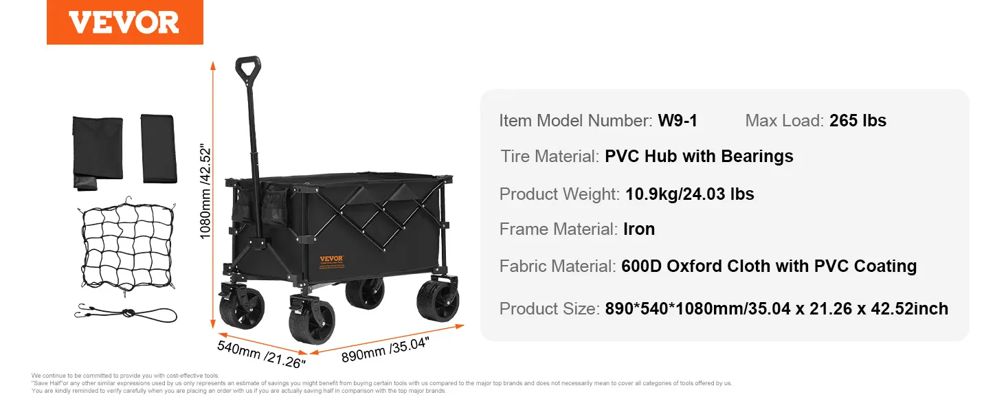 VEVOR folding wagon with iron frame, pvc hub wheels, 600d oxford cloth, and 265 lbs max load capacity.