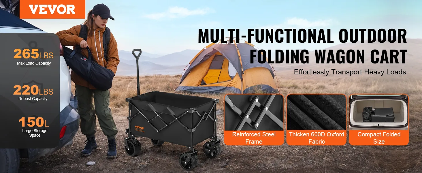 VEVOR folding wagon with 265lbs max load, reinforced steel frame, large storage, and compact folded size.