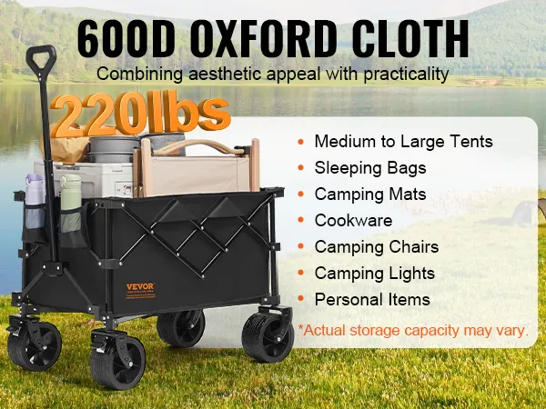 VEVOR folding wagon with 150l storage, 265lbs max load, 600d oxford cloth, and camping gear on grassy field.