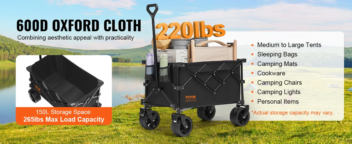 VEVOR folding wagon with 150l storage, 265lbs max load, 600d oxford cloth, and camping gear on grassy field.