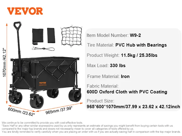 Carrello pieghevole VEVOR con ruote con mozzo in PVC, telaio in ferro e tessuto Oxford 600D, carico massimo 330 libbre.