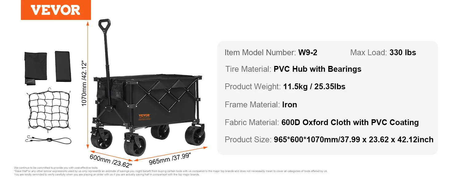 Carrello pieghevole VEVOR con ruote con mozzo in PVC, telaio in ferro e tessuto Oxford 600D, carico massimo 330 libbre.