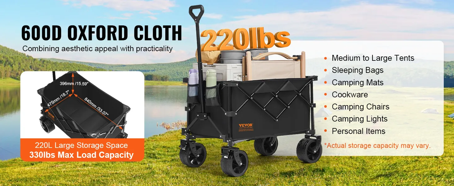 Carrello pieghevole VEVOR con capacità di 220 libbre, spazio di stivaggio di 220 litri, ideale per tende, sacchi a pelo e attrezzatura da campeggio.