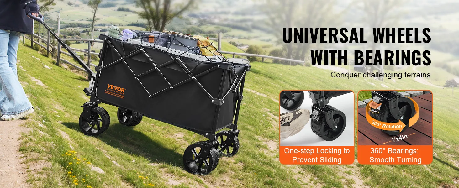 Carrello pieghevole VEVOR con ruote e cuscinetti universali, ideale per terreni impegnativi.