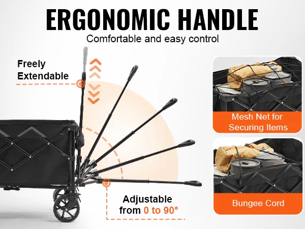 Carrello pieghevole VEVOR con maniglia ergonomica regolabile, rete a maglie e corda elastica per fissare gli oggetti.