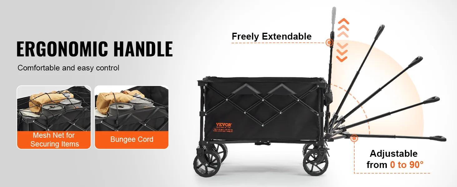 Carrello pieghevole VEVOR con maniglia ergonomica regolabile, rete a maglie e corda elastica per fissare gli oggetti.
