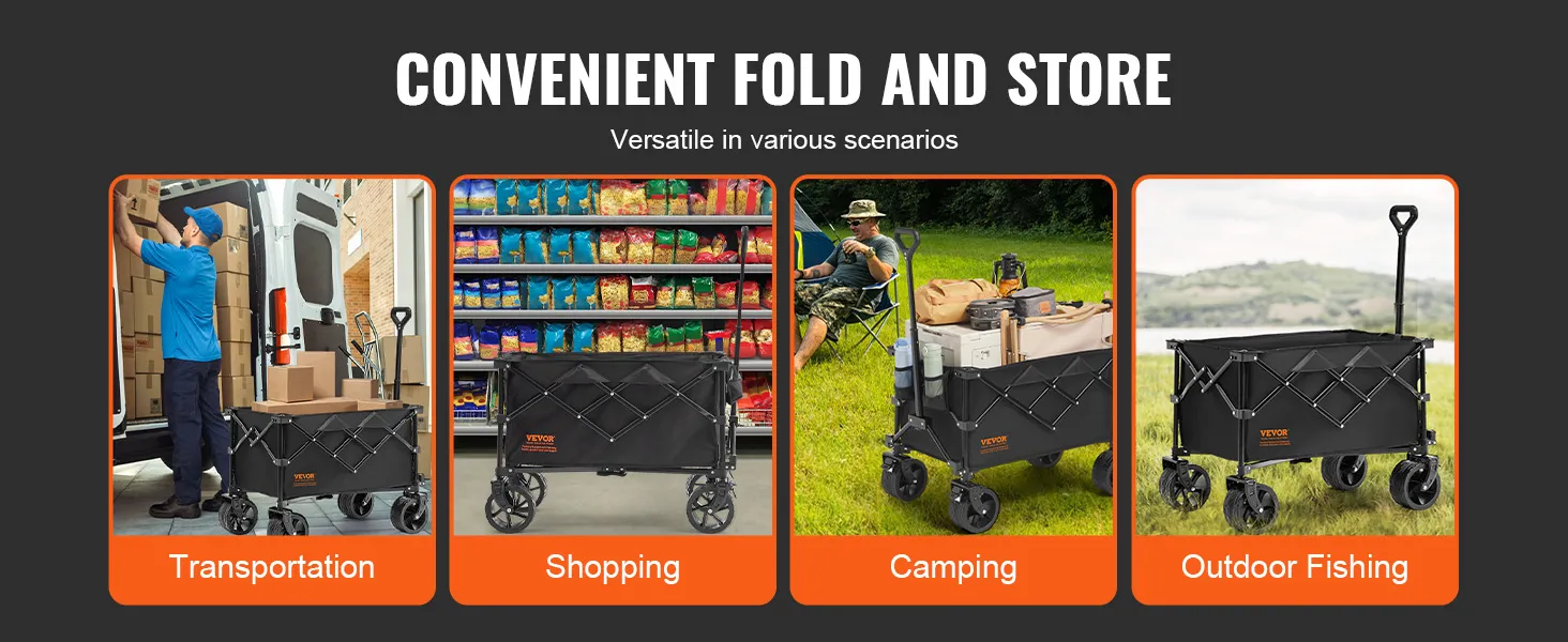 Carrello pieghevole VEVOR utilizzato per il trasporto, la spesa, il campeggio e le attività di pesca all'aperto.