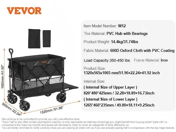 VEVOR opvouwbare dubbeldekkerwagen, ijzeren frame, pvc-lagers, laadvermogen van 204 kg, 600d oxford-stof.