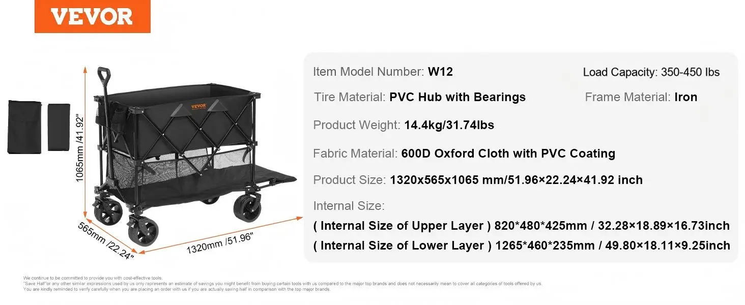 VEVOR opvouwbare dubbeldekkerwagen, ijzeren frame, pvc-lagers, laadvermogen van 204 kg, 600d oxford-stof.