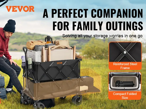 VEVOR opvouwbare dubbeldekkerwagen voor familie-uitjes, laadvermogen 204 kg, versterkt staal, compact formaat.