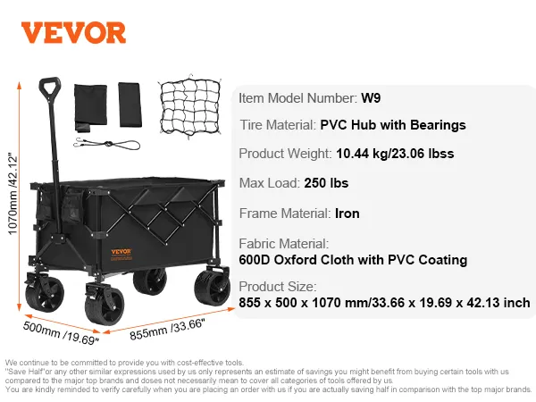 Składany wózek VEVOR, rama żelazna, tkanina Oxford 600D, piasta z PVC, maks. ładowność 250 funtów, w zestawie akcesoria.