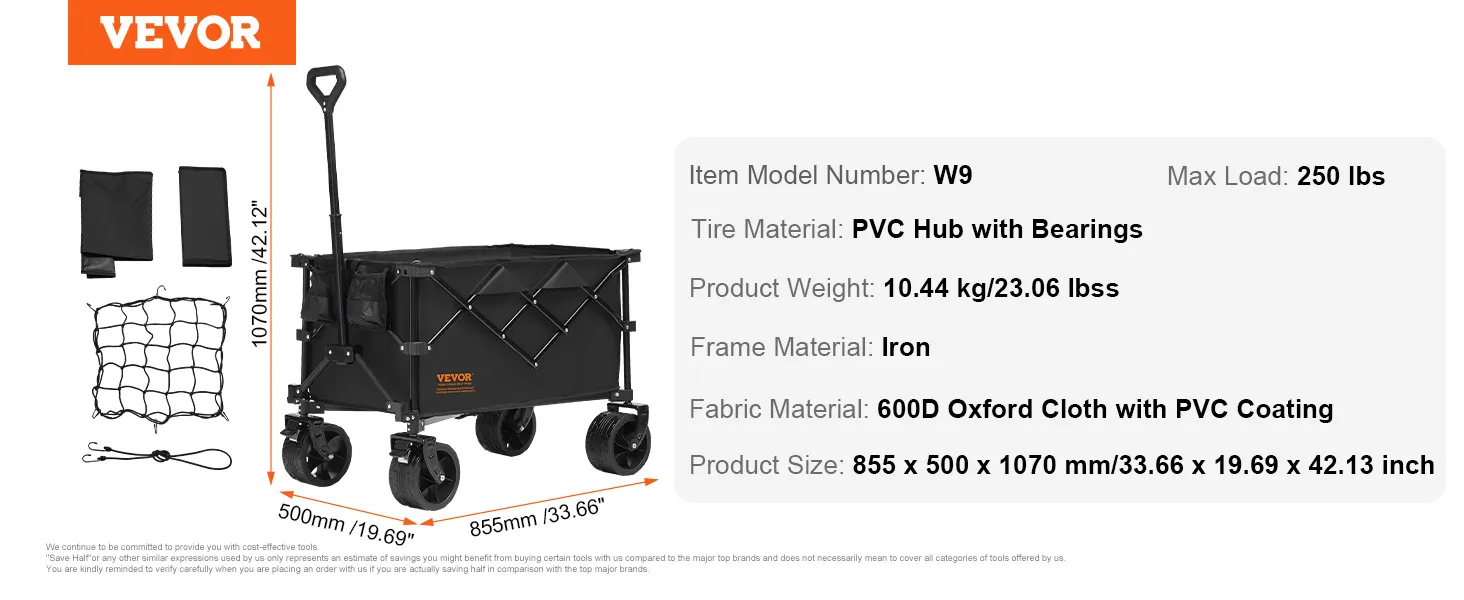 Składany wózek VEVOR, rama żelazna, tkanina Oxford 600D, piasta z PVC, maks. ładowność 250 funtów, w zestawie akcesoria.