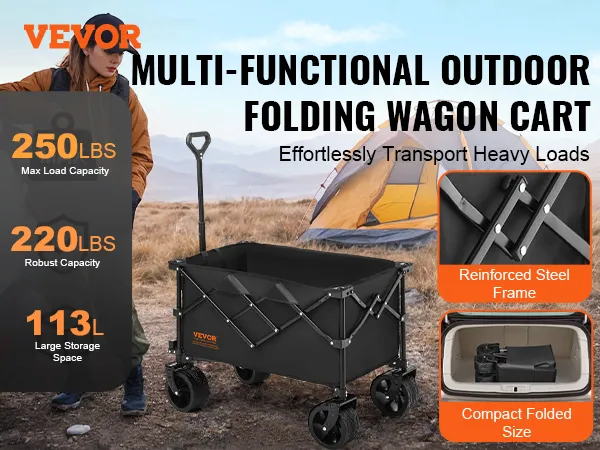 Składany wózek VEVOR w scenie kempingowej z namiotem, o ładowności 250 funtów i kompaktowych możliwościach przechowywania.