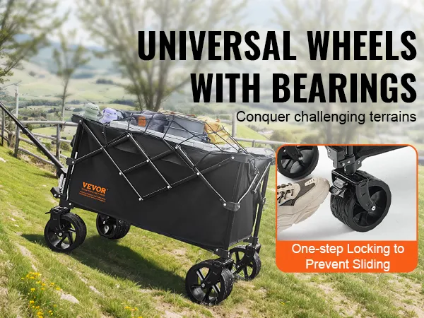 osoba ciągnąca składany wózek VEVOR z kołami uniwersalnymi, z załadowanym sprzętem, w terenie pagórkowatym; blokada jednostopniowa.