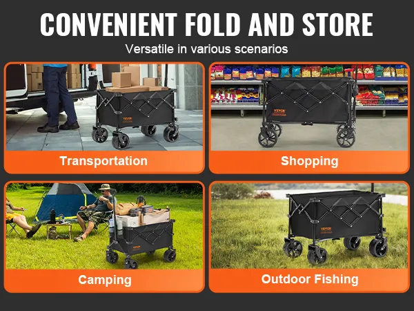 Składany wózek VEVOR używany do transportu, zakupów, biwakowania i wędkowania.