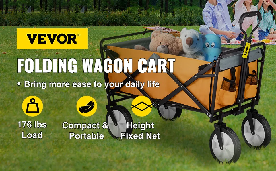 VEVOR collapsible wagon in park with toys, 176 lbs load, compact & portable, height-fixed net.