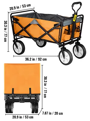 VEVOR collapsible wagon with dimensions, orange body, black frame, large wheels, and handle.