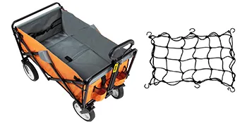 VEVOR collapsible wagon with orange fabric, sturdy frame, and a black cargo net for extra storage.