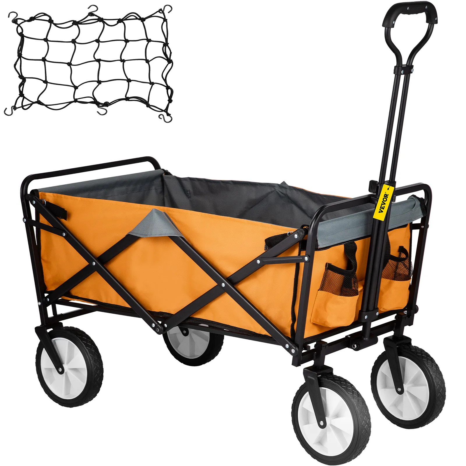 orange VEVOR collapsible wagon with black frame and included cargo net for versatile hauling.