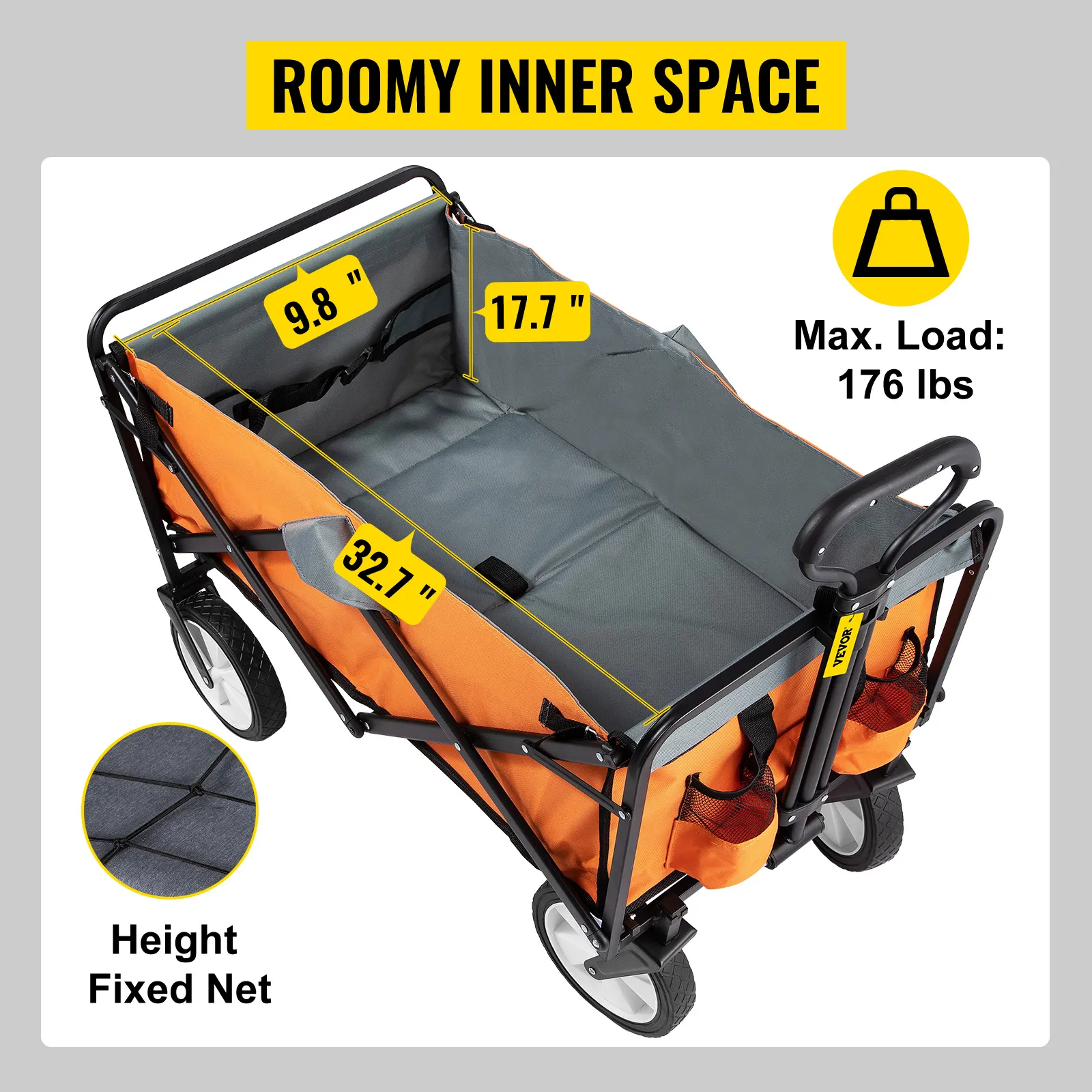 VEVOR collapsible wagon with spacious inner dimensions: 9.8", 17.7", and 32.7", max load 176 lbs.
