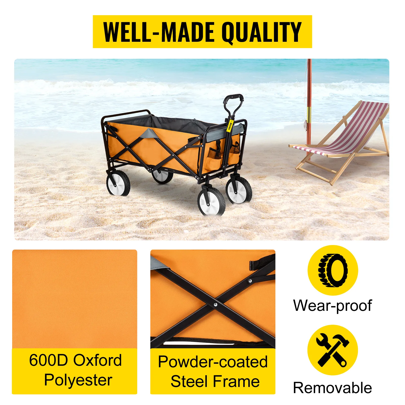 VEVOR collapsible wagon on a sandy beach with a deck chair, highlighting its durable fabric and steel frame.