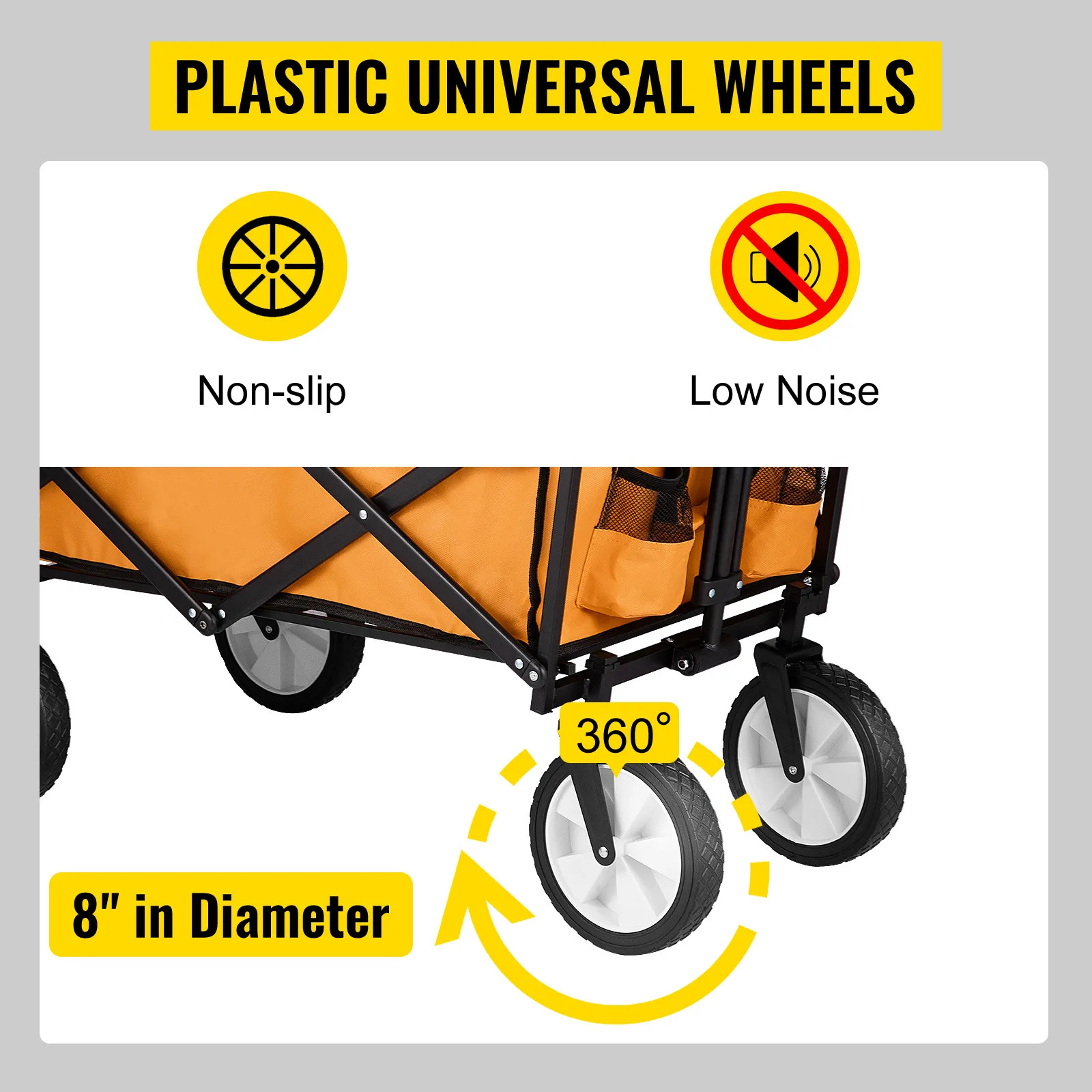 VEVOR collapsible wagon with 8" non-slip, low noise plastic universal wheels rotating 360°.