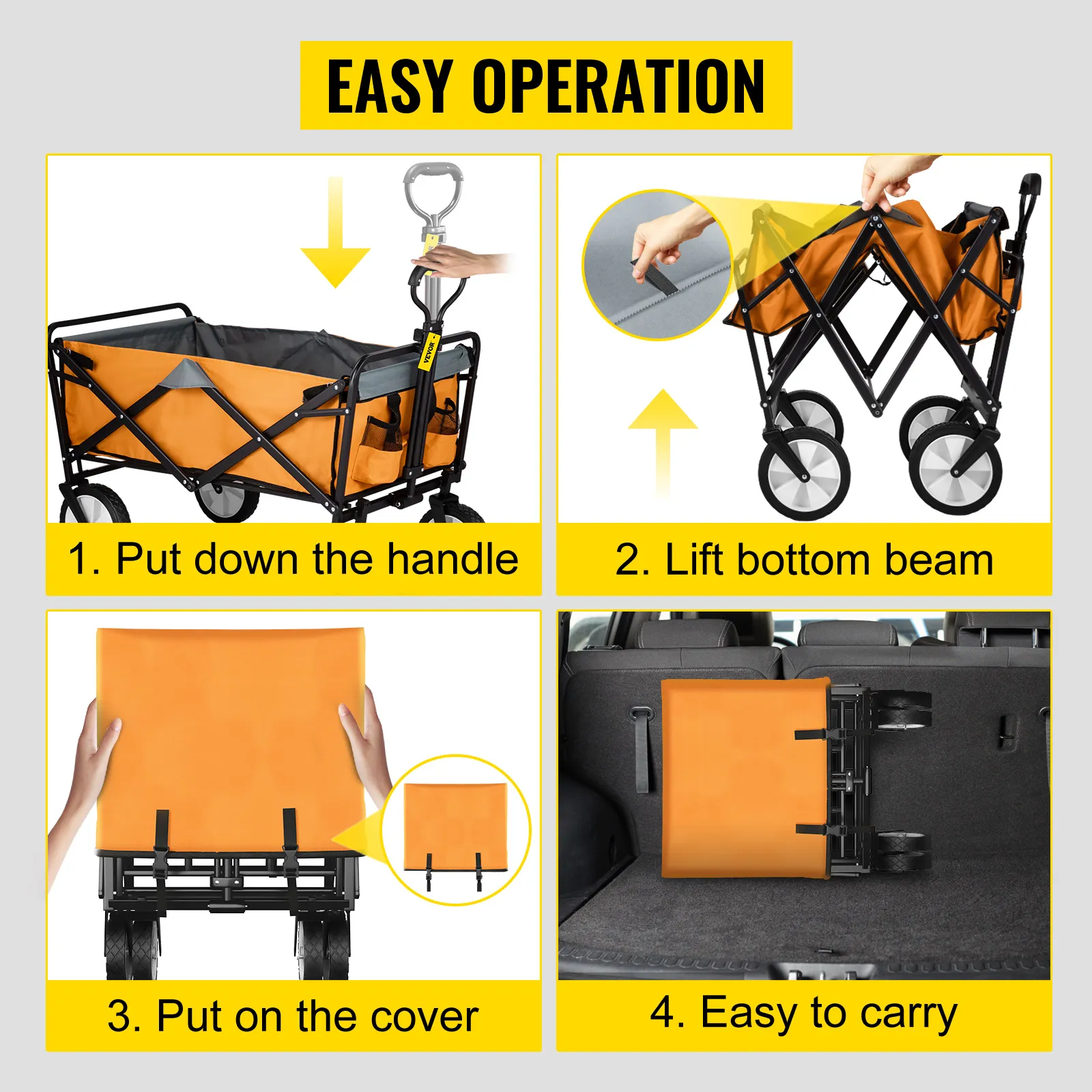 VEVOR collapsible wagon setup steps: lower handle, lift bottom beam, cover, and ready to carry.