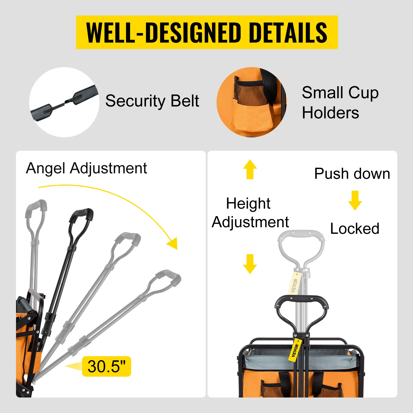 VEVOR collapsible wagon with security belt, small cup holders, angle and height adjustment features.