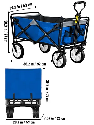 VEVOR folding wagon in blue, dimensions listed, with collapsible design and sturdy wheels.
