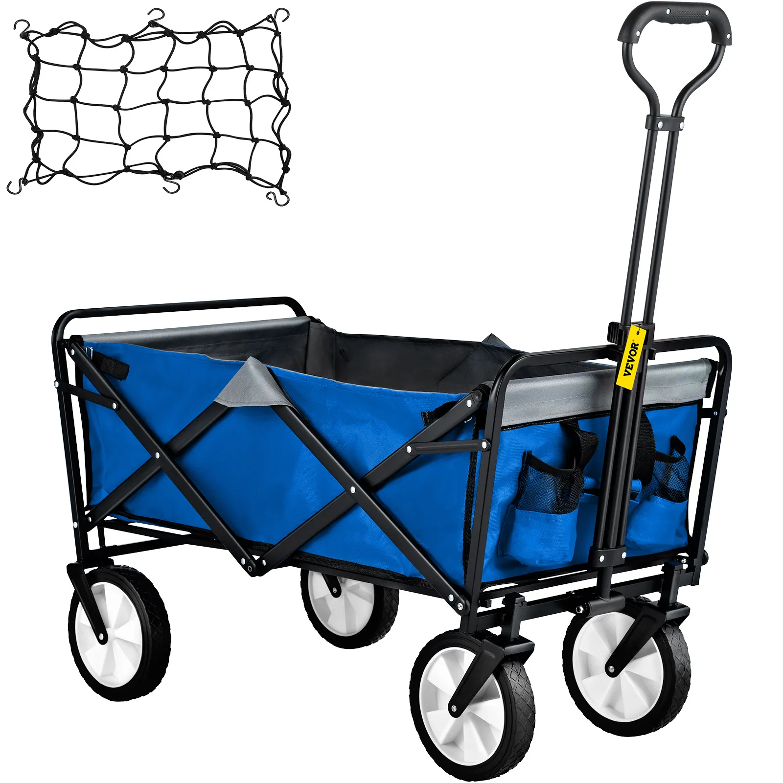 blue VEVOR folding wagon with sturdy wheels and handle, includes attached cargo net for secure transport.
