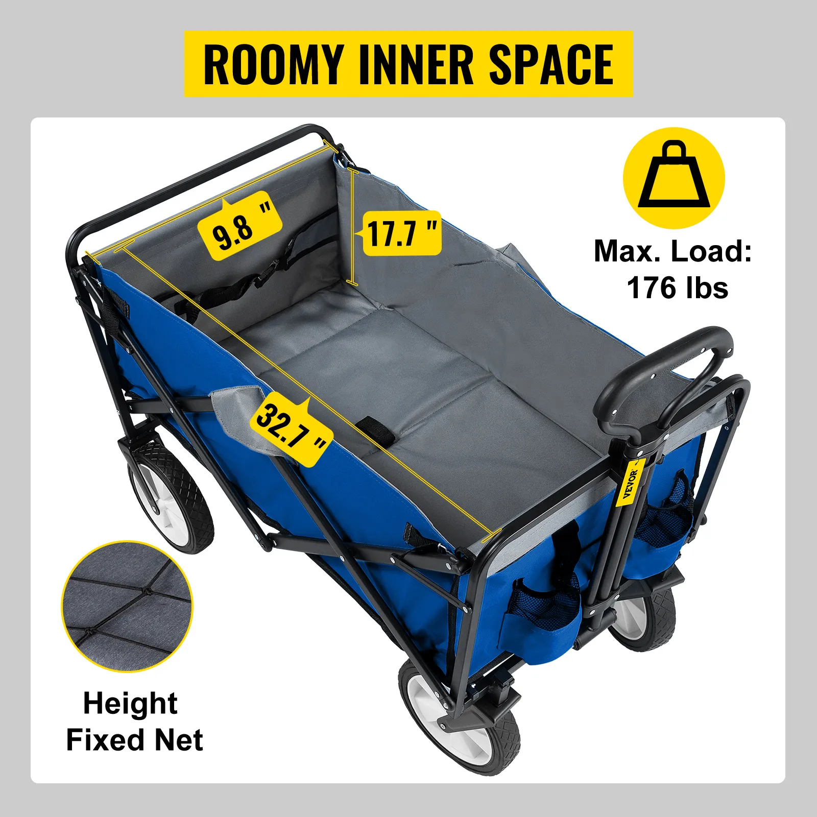 VEVOR folding wagon with roomy inner space, 32.7"x17.7"x9.8", max load 176 lbs, blue with height fixed net.