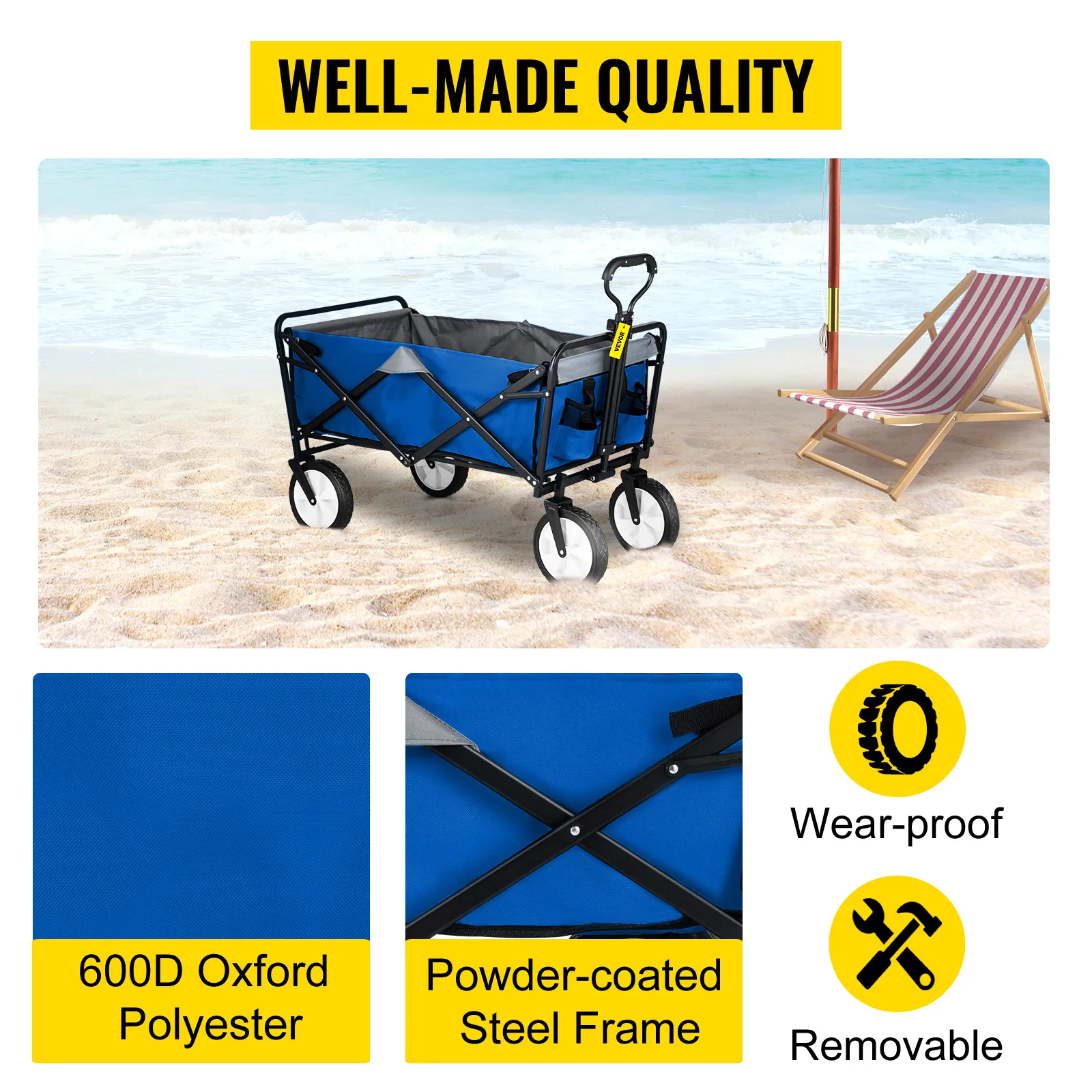 VEVOR folding wagon on a beach with durable 600d oxford polyester, powder-coated steel frame, wear-proof wheels.
