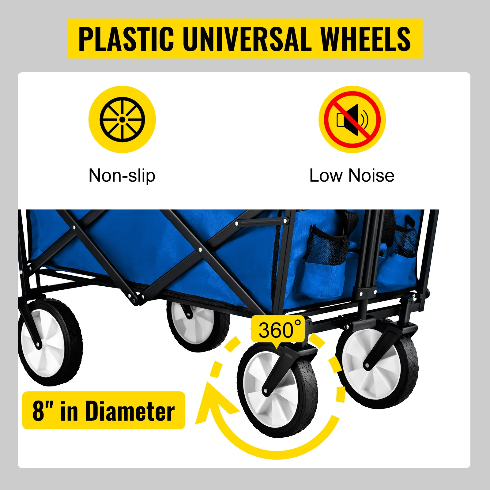 VEVOR folding wagon with non-slip plastic universal wheels, low noise, and 8-inch diameter 360° rotation.
