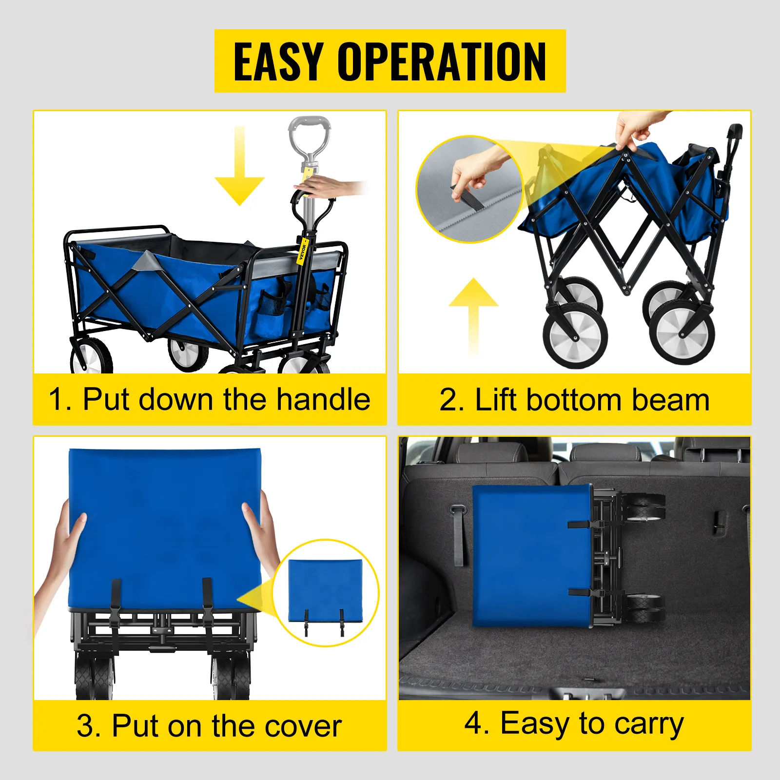 VEVOR folding wagon easy operation: put down handle, lift bottom beam, cover, and carry.
