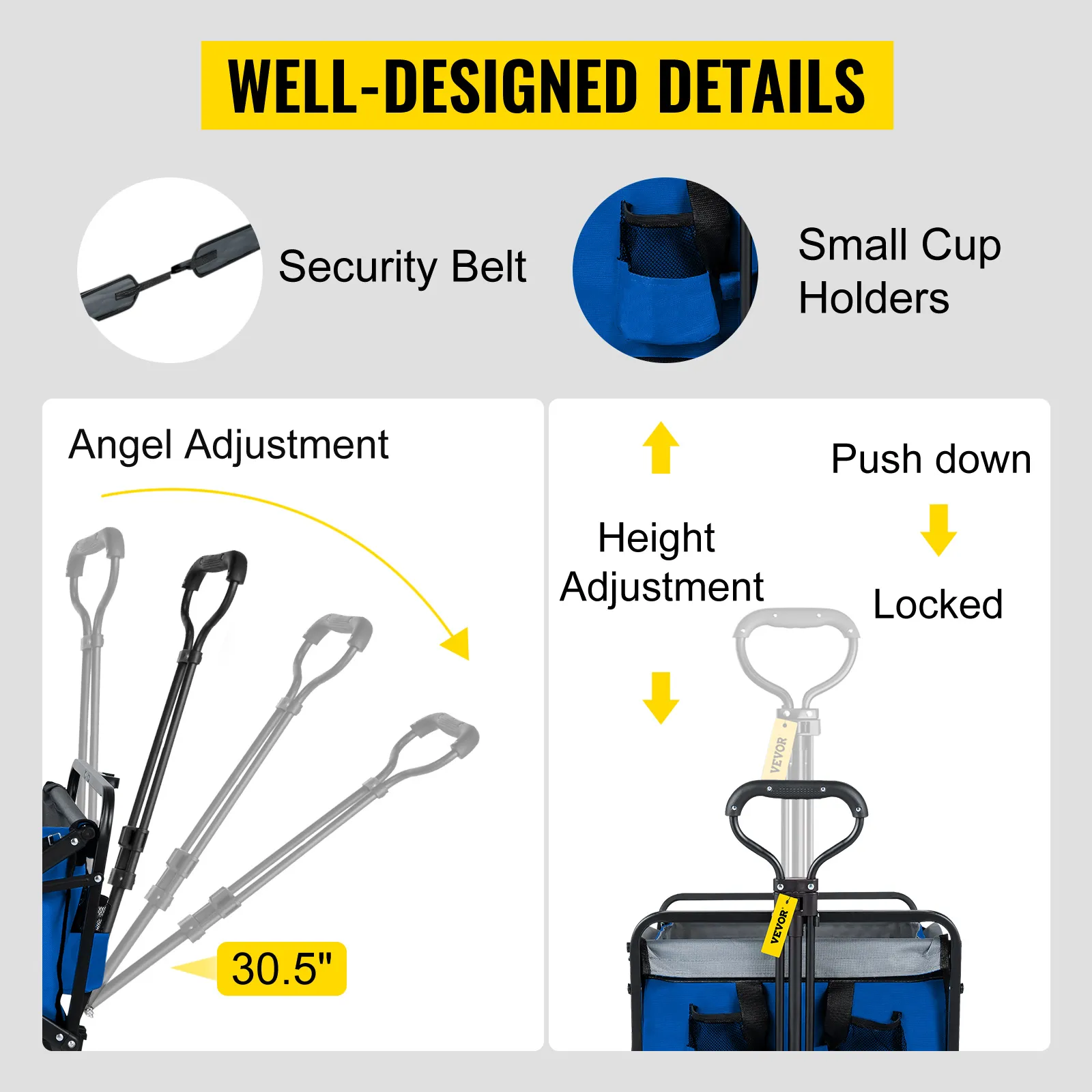 VEVOR folding wagon: security belt, small cup holders, handle angle and height adjustment.