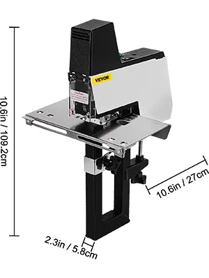 Grapadora eléctrica VEVOR, dimensiones de 10,6 pulgadas x 10,6 pulgadas x 2,3 pulgadas, blanco y negro.