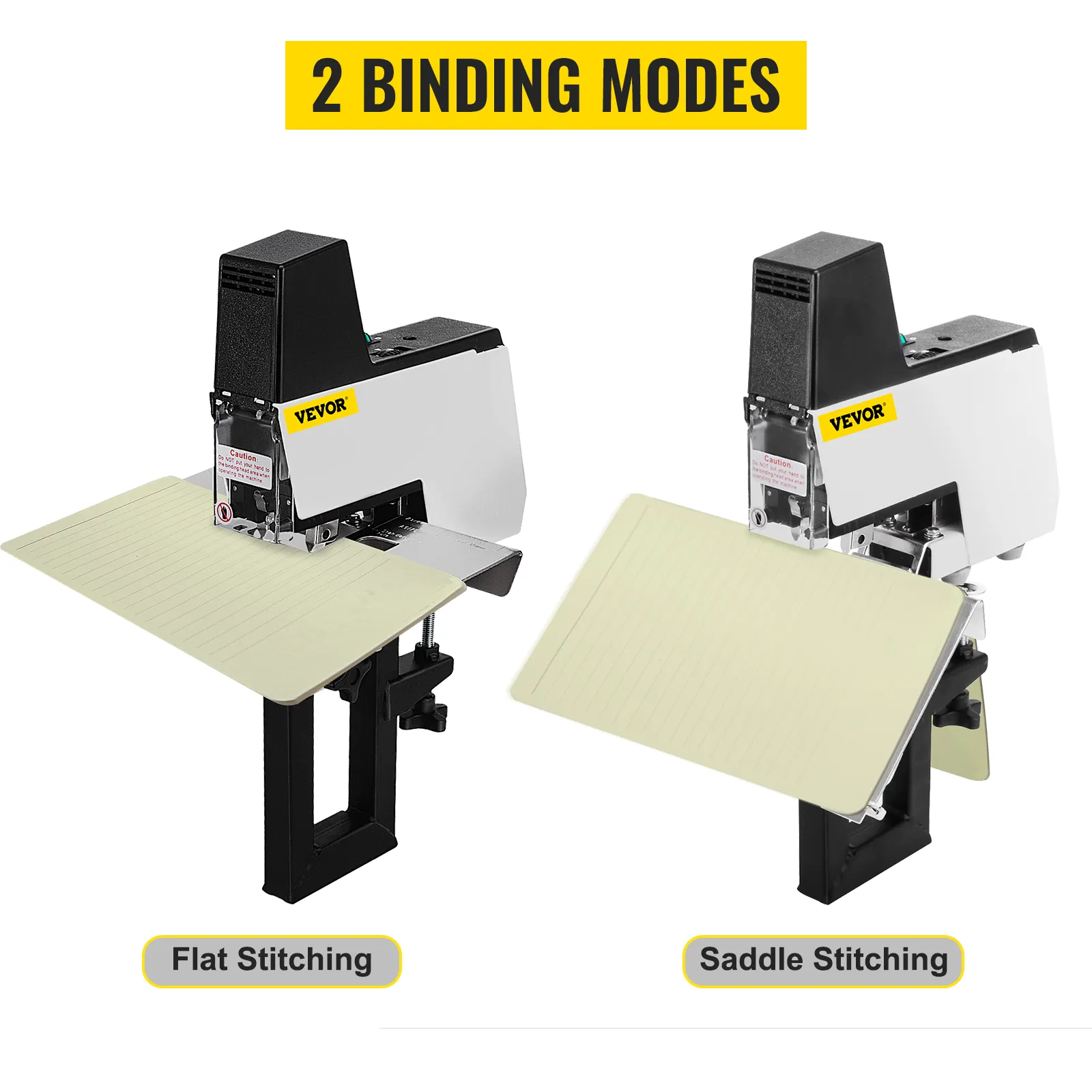 Grapadora eléctrica VEVOR que muestra modos de encuadernación con grapado plano y con grapado en el lomo.