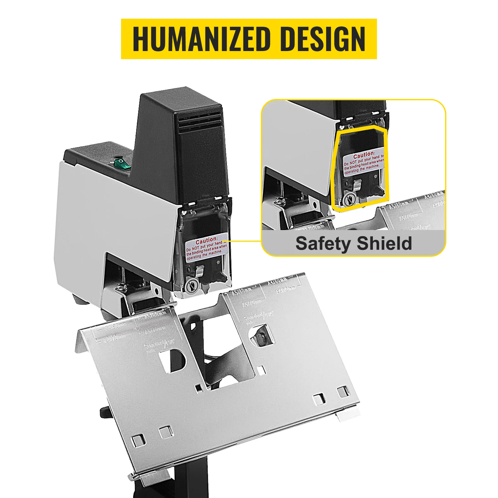 Grapadora eléctrica VEVOR con protector de seguridad y diseño humanizado en plata y negro.
