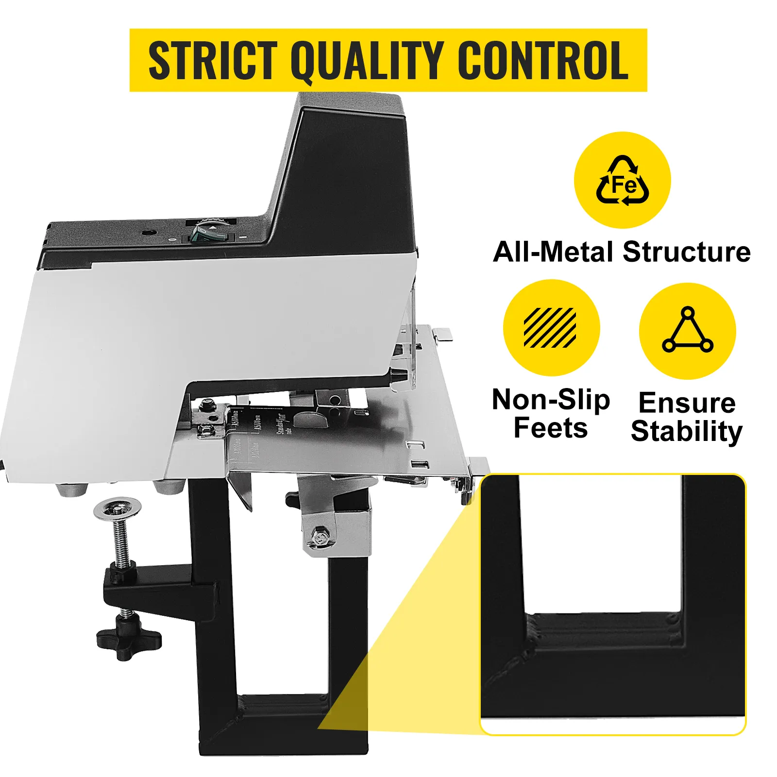 Grapadora eléctrica VEVOR con estructura totalmente metálica, patas antideslizantes y características de estabilidad.