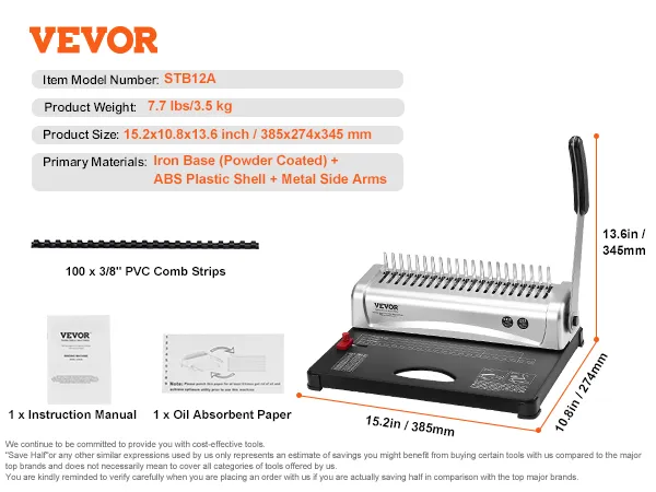 VEVOR binding machine stb12a with iron base, abs plastic shell, 15.2x10.8x13.6 inches. includes 100 pvc comb strips.