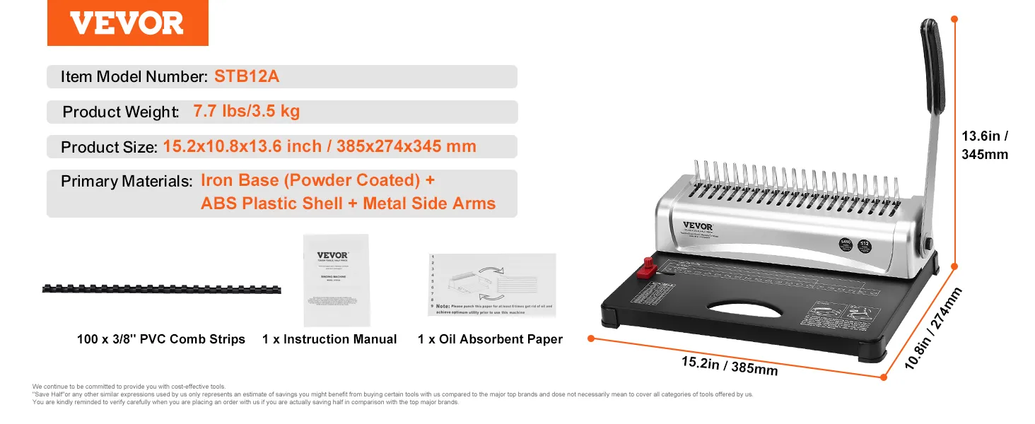 VEVOR binding machine stb12a with iron base, abs plastic shell, 15.2x10.8x13.6 inches. includes 100 pvc comb strips.