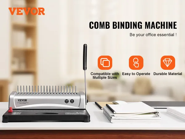 VEVOR binding machine on a desk with notebooks and pens, showcasing compatibility and durability.